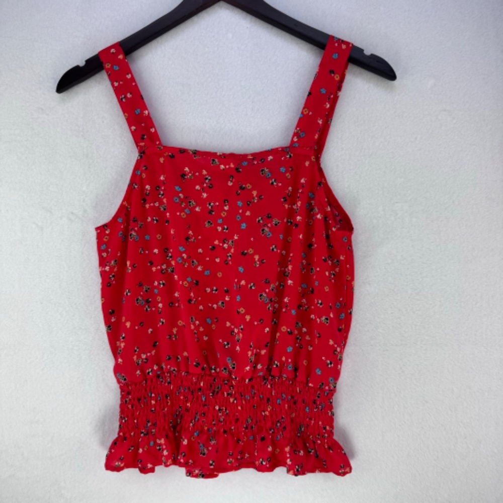 SIENNA SKY CropTop Women Sz S Red Floral Ruffle neckline Elastic Smocked Waist - Picture 2 of 4